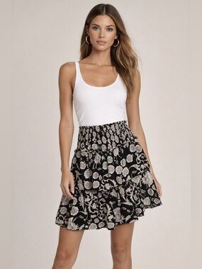 Anthropologie Floral Smocked Skirt Black White spring Tiered Ruffle spring Skirt